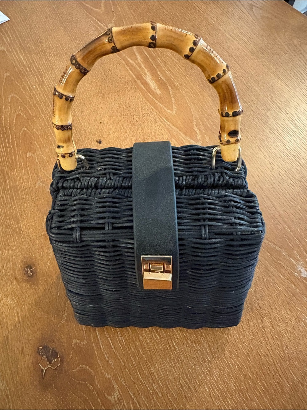 Black Woven Handbag with Bamboo Handle